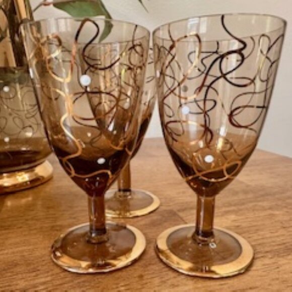 Bohemia Crystal Decanter Set Czechoslovakia – Vintage Amber Glass with Gold Trim - Picture 3 of 9